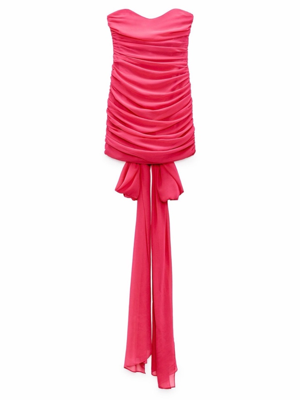 Zara Hot Pink Strapless Ruched Mini Dress with Draped Tails